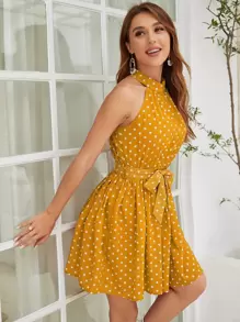 SHEIN LUNE 波卡圓點後鎖孔腰帶連衣裙 - 芥末黃 - 查看 5