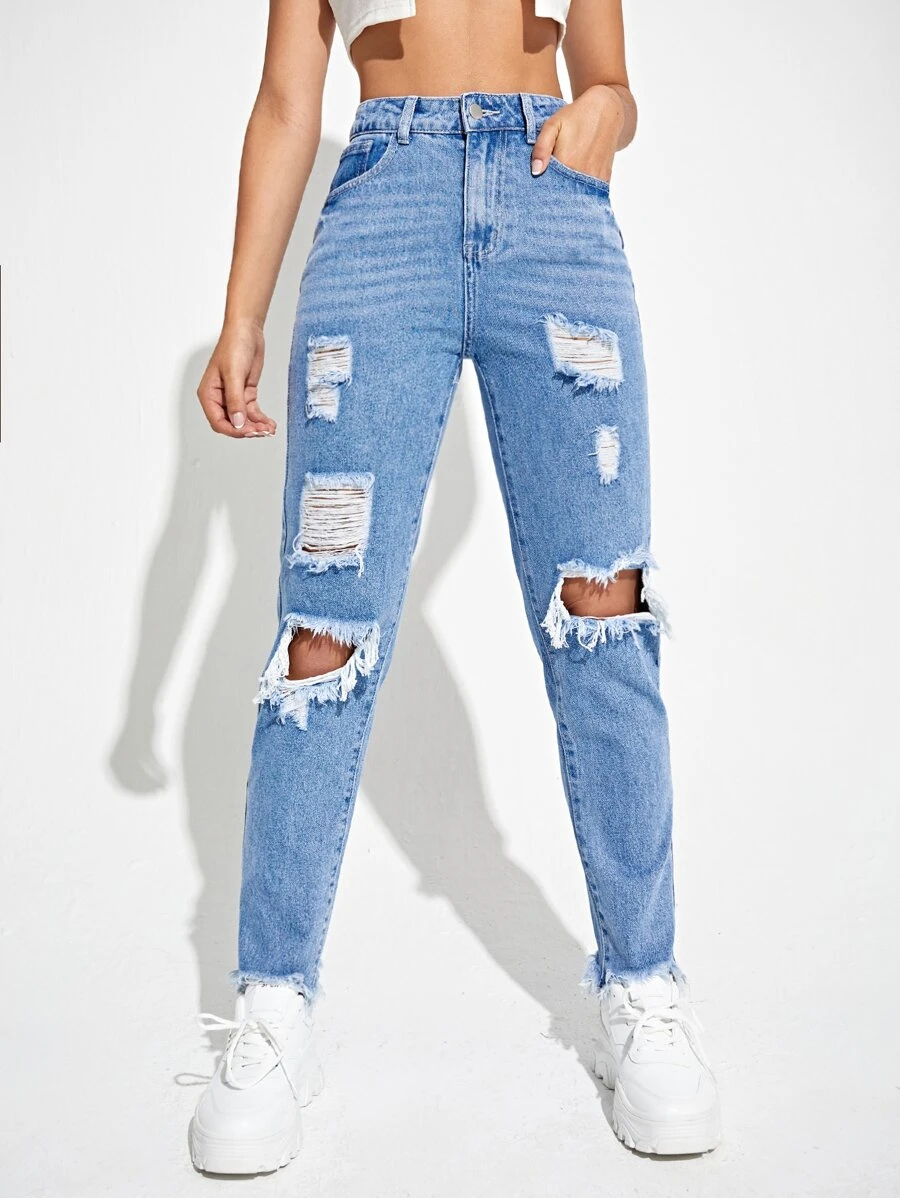 Ripped Raw Hem Mom Jeans - Light Wash - View 1