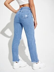 Ripped Raw Hem Mom Jeans - Light Wash - View 3