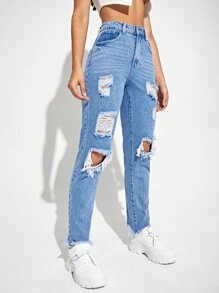 Ripped Raw Hem Mom Jeans - Light Wash - View 4