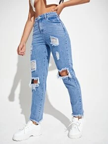 Ripped Raw Hem Mom Jeans - Light Wash - View 5