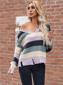 SHEIN Essnce Color Block Ripped Drop Shoulder Sweater - Multicolor - View 2
