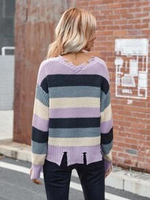 SHEIN Essnce Color Block Ripped Drop Shoulder Sweater - Multicolor - View 3