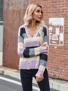SHEIN Essnce Color Block Ripped Drop Shoulder Sweater - Multicolor - View 5