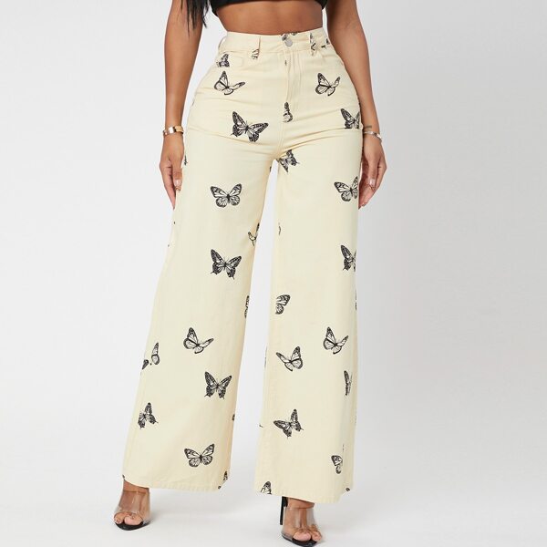 

Butterfly Print Wide Leg Jeans, Yellow