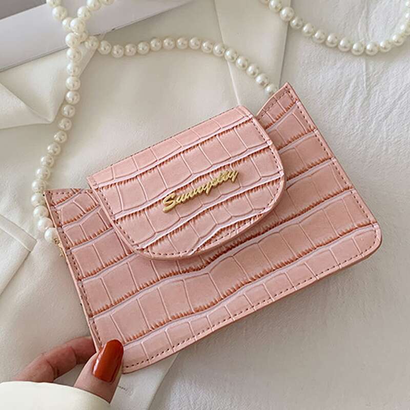 

Faux Pearl Strap Croc Embossed Crossbody Bag, Pink