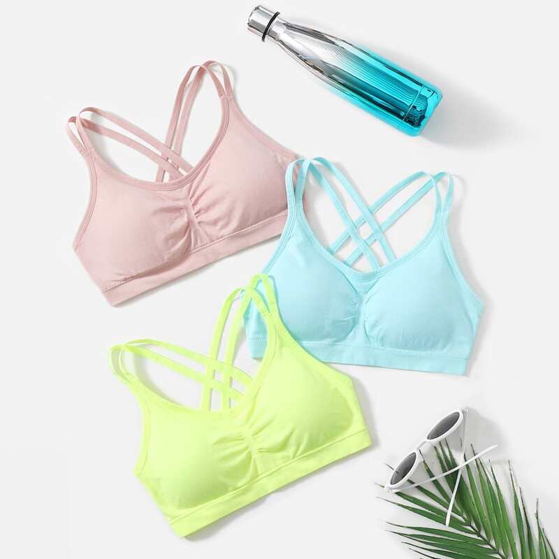 

3 Pack Solid Crisscross Sports Bra, Multicolor