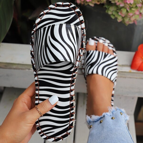 

Zebra Print Slide Sandals, Black and white
