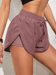 SHEIN Running Breathable 2 In 1 Tulip Hem Knot Sports Shorts - Dusty Pink - View 3