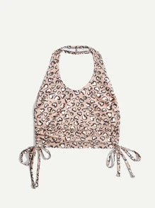 ROMWE Heart Print Drawstring Ruched Crop Halter Top - Multicolor - View 1