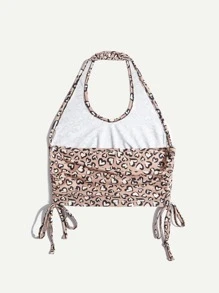 ROMWE Heart Print Drawstring Ruched Crop Halter Top - Multicolor - View 2