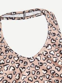 ROMWE Heart Print Drawstring Ruched Crop Halter Top - Multicolor - View 3