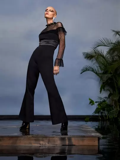 FRIFER Designer Contrast Dobby Mesh Panel Flounce Sleeve Ruffle Trim Flare Leg Jumpsuit