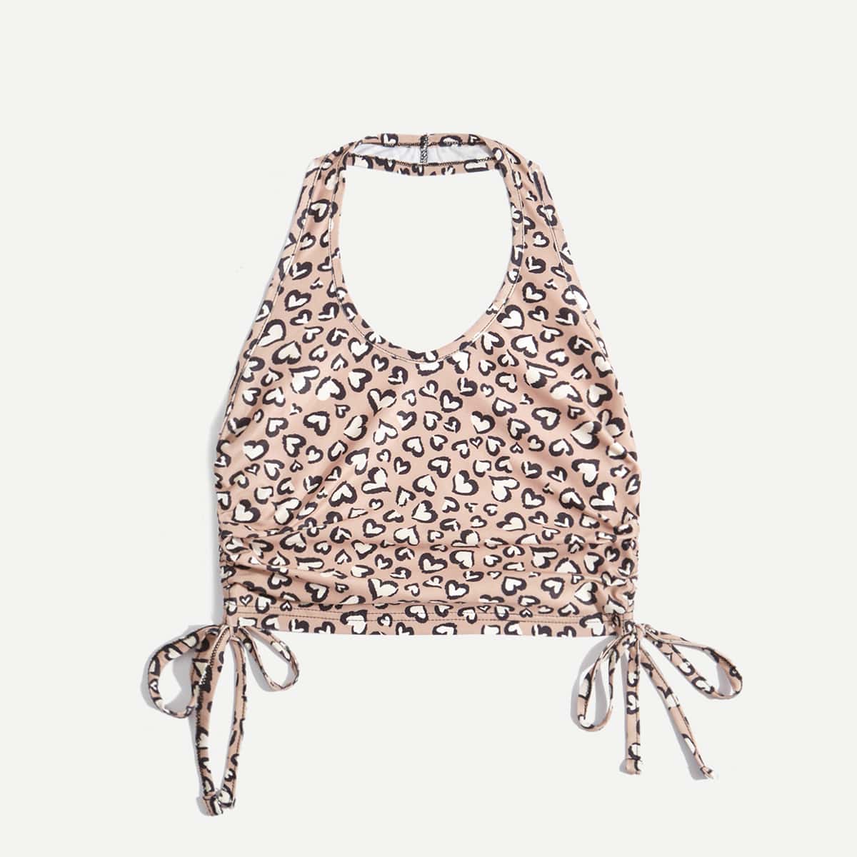 

Heart Print Drawstring Ruched Crop Halter Top, Multicolor