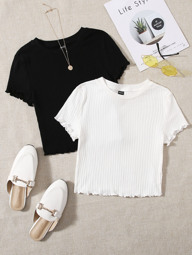 SHEIN EZwear 2 Packs Lettuce Trim Rib-Knit Tee