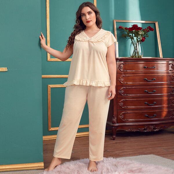 

Plus Solid Ruffle Trim Pajama Set, Beige