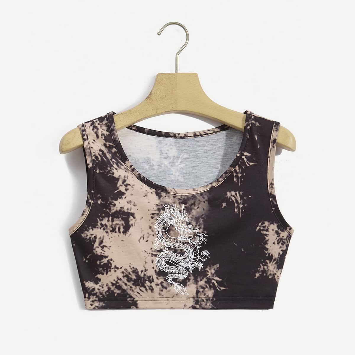 

Chinese Dragon Print Crop Tie Dye Tank Top, Multicolor