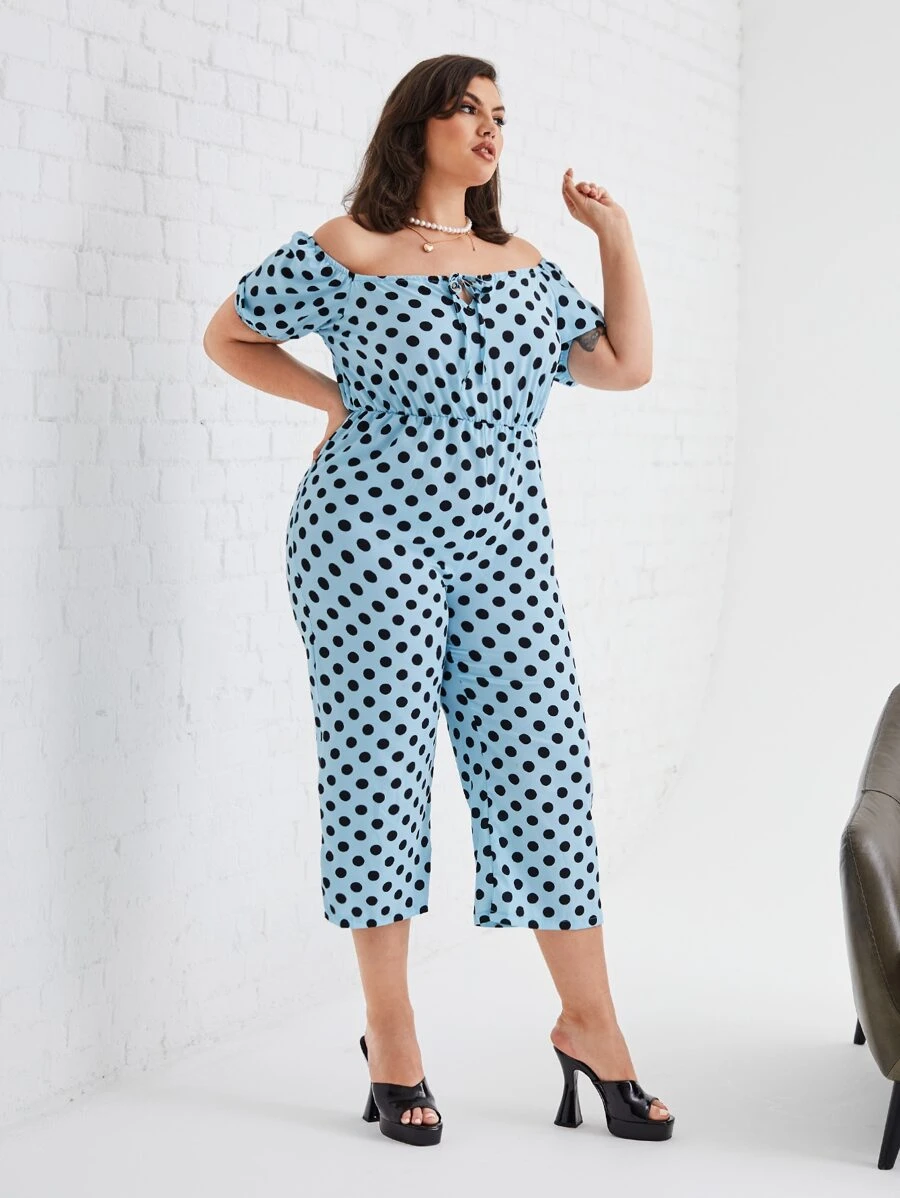 Plus Polka Dot Off Shoulder Jumpsuit - Baby Blue - View 1