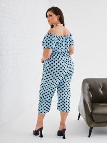 Plus Polka Dot Off Shoulder Jumpsuit - Baby Blue - View 2