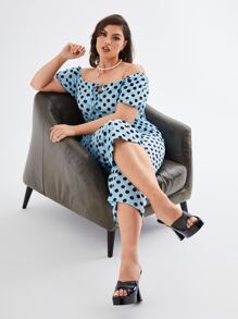 Plus Polka Dot Off Shoulder Jumpsuit - Baby Blue - View 3