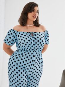 Plus Polka Dot Off Shoulder Jumpsuit - Baby Blue - View 4
