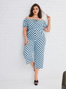 Plus Polka Dot Off Shoulder Jumpsuit - Baby Blue - View 5