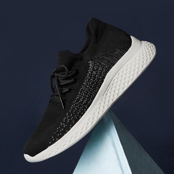 

Lace Up Decor Knit Sneakers, Black