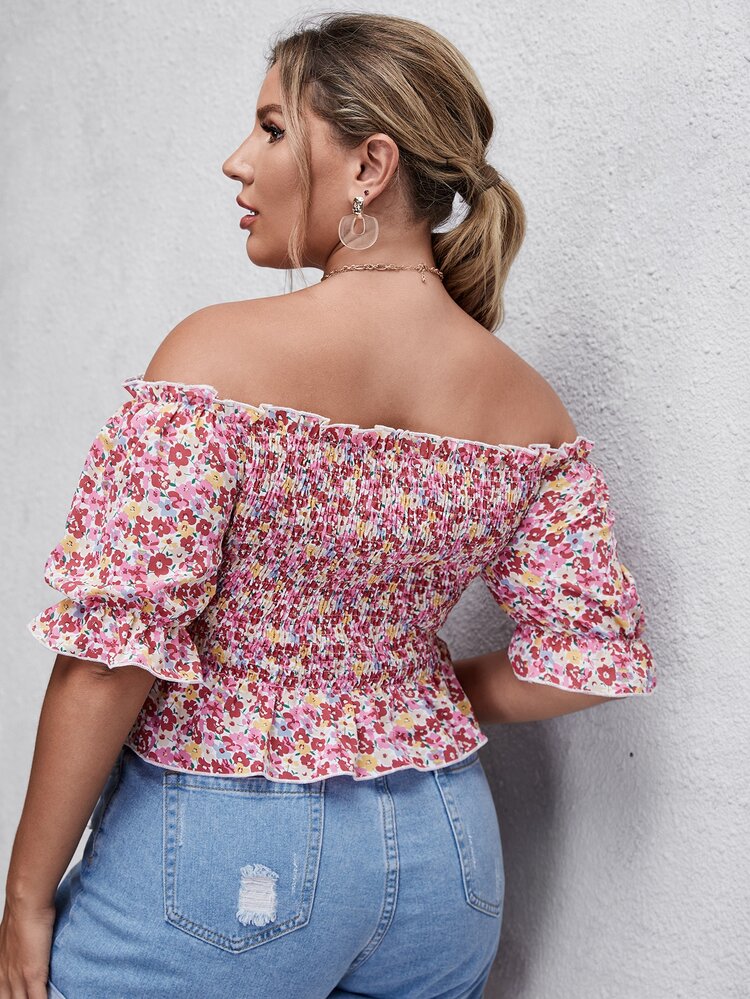 Plus Ditsy Floral Shirred Bardot Blouse - Multicolor - View 2