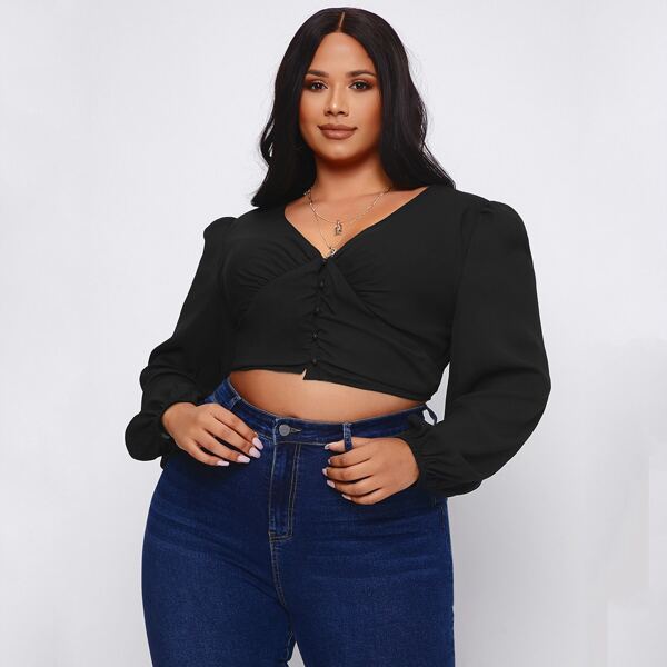 

Plus Ruched Puff Sleeve Crop Blouse, Black