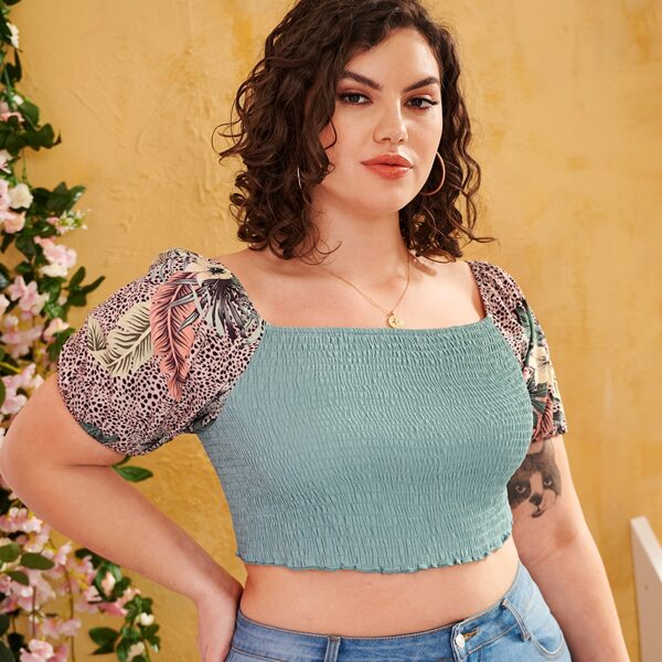 

Plus Plants Shirred Crop Blouse, Multicolor