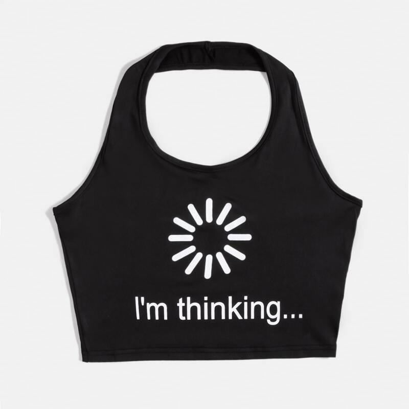 

Letter Graphic Crop Halter Top, Black