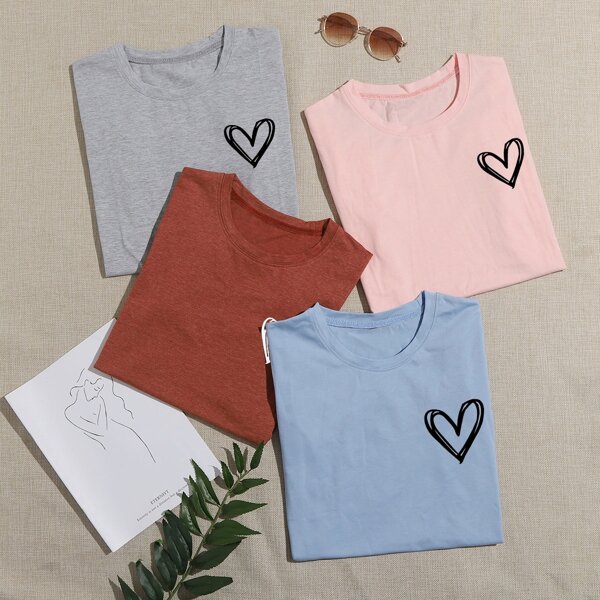 

4pcs Heart Print Tee, Multicolor