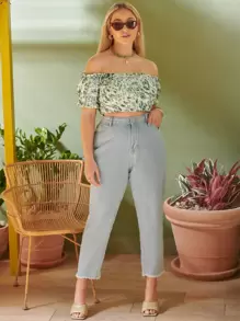 Plus Off Shoulder Puff Sleeve All Over Print Crop Top - Green - View 4