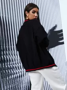 SHEIN MOOSTA Letter Patched Button Through Varsity Jacket