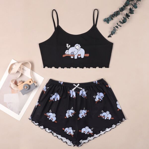 

Plus Cartoon Koala Print Cami Pajama Set, Black