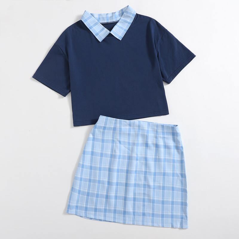 

Plaid Collar Crop Tee & Skirt, Multicolor