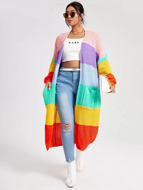 Plus Rainbow Striped Pattern Dual Pockets Cardigan