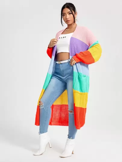 Flirla Plus Rainbow Striped Pattern Dual Pockets Cardigan, For Winter Fall Cloth For Women Autumn