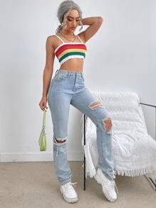 Top de tirantes de rayas de arcoíris tejido de canalé - Multicolor - Ver 3