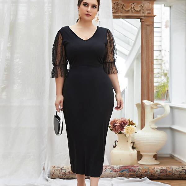 

Plus Contrast Dobby Mesh Flounce Sleeve Split Hem Dress, Black