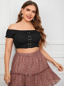 SHEIN VCAY Plus Off Shoulder Lace Up Front Shirred Crop Top - Black - View 4