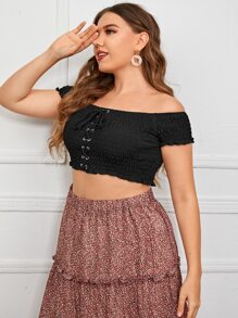 SHEIN VCAY Plus Off Shoulder Lace Up Front Shirred Crop Top - Black - View 5
