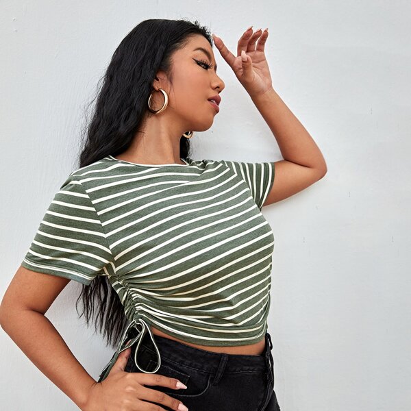 

Plus Drawstring Ruched Side Striped Tee, Olive green