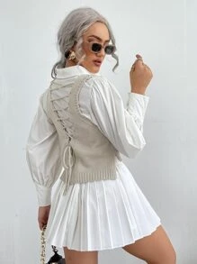 Cable Knit Sweater Vest Without Blouse - Apricot - View 2