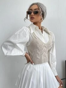 Cable Knit Sweater Vest Without Blouse - Apricot - View 4