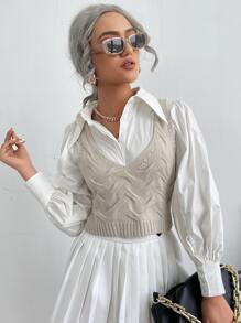 Cable Knit Sweater Vest Without Blouse - Apricot - View 5