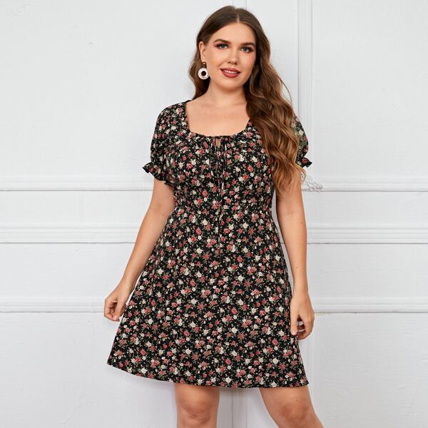 

Plus Ditsy Floral Flounce Sleeve Shirred Waist Dress, Multicolor