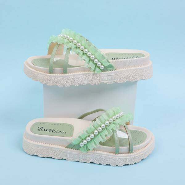 

Faux Pearl Decor Flatform Mules, Green