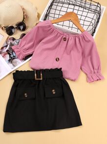 女孩單排釦荷葉袖上衣和翻蓋細節搭扣腰帶半身裙 - 彩色 - 查看 1