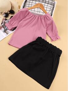 女孩單排釦荷葉袖上衣和翻蓋細節搭扣腰帶半身裙 - 彩色 - 查看 2